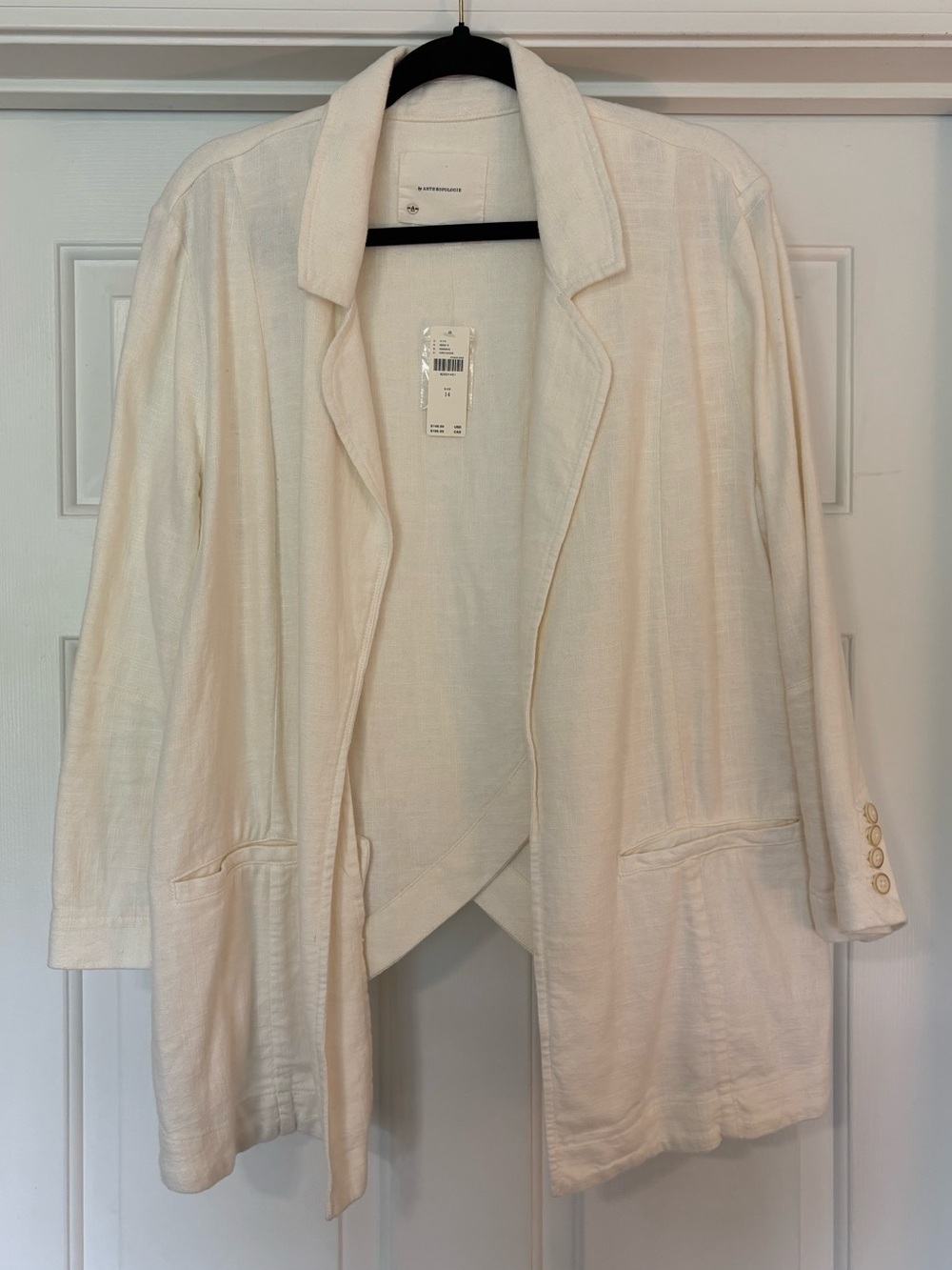 Anthropologie Ivory Linen Blend Draped Open Front Blazer Women’s Size 14 NWT